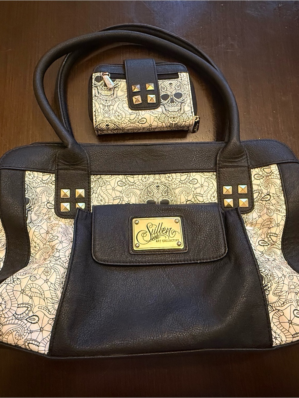 Sullen Black and Ivory Stud Accent Tote with Matching Wallet
